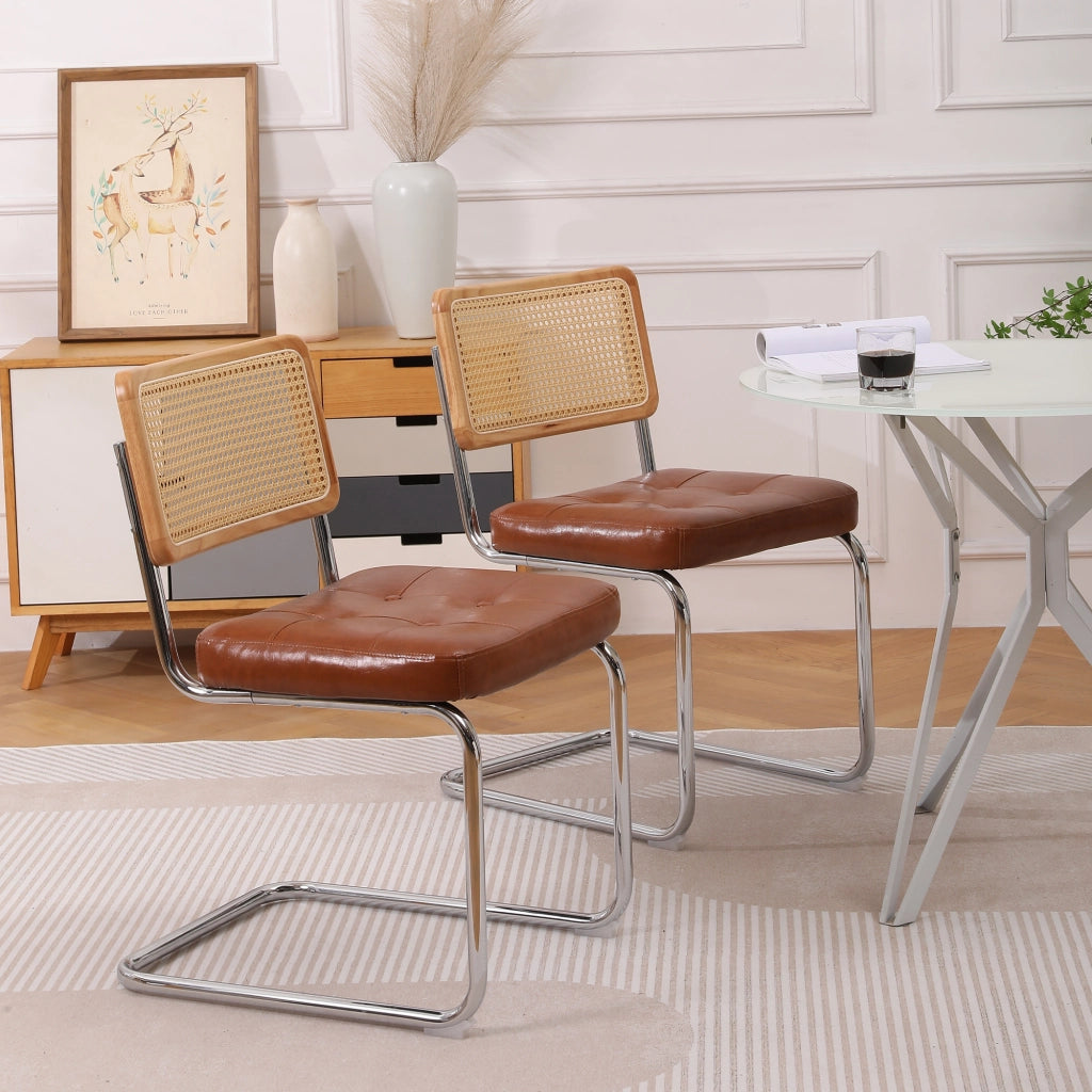 Set 2 Sedie da Pranzo ¨C MINIMAL ¨C Rattan, Similpelle, Schienale Mesh, Gambe Metallo, Marrone