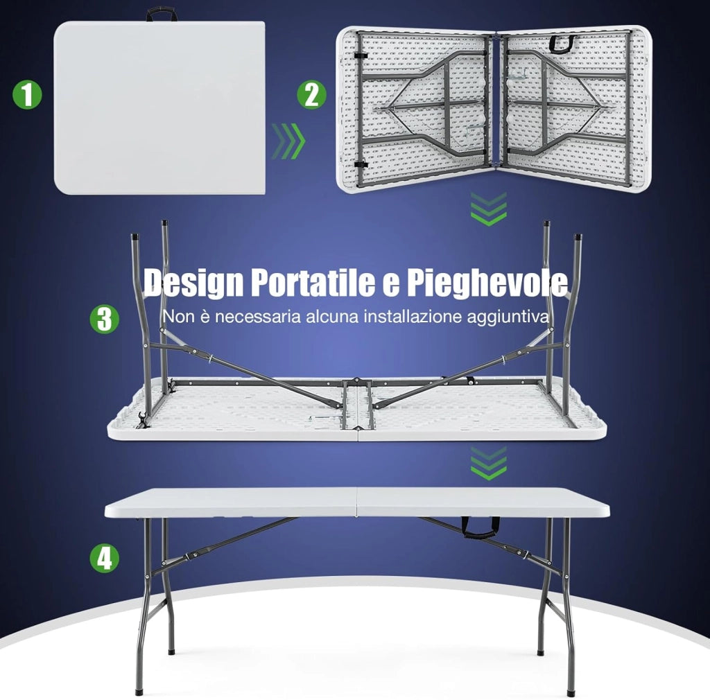Tavolo da Pranzo Pieghevole 180 cm, Tavolo Campeggio in Plastica con Maniglia, Gambe in Metallo e Piedini Antiscivolo, per Picnic, Campeggio, Giardino, Portata 180 kg