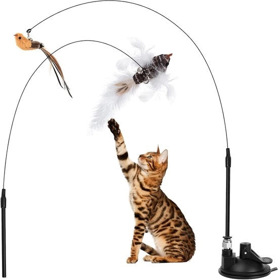 Set di 2 Giocattoli Interattivi per Gatti con Piume di Uccello - Intelligenza e Asta da Pesca per Gatti con Supporto Fissato con Viti di Suctione