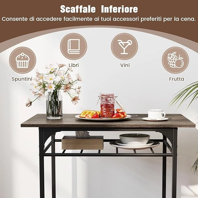 Set da Pranzo per 2 Persone, Set da 3 Pezzi di Tavolo Rettangolare in Legno e Sedie con Struttura in Metallo e Ripiano di Stoccaggio, per Angolo Colazione e Sala da Pranzo (Grigio)