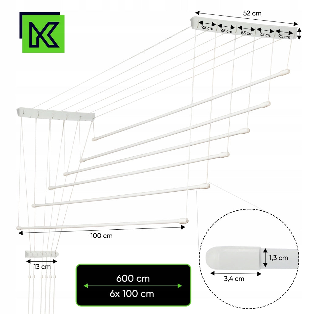 Stendibiancheria da soffitto KADAX per bagno, 6 barre, 100 cm, resistente e robusto.