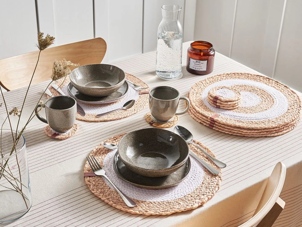 Set di 12 tovagliette e sottobicchieri rotondi in juta di cotone naturale fatti a mano 35/10 cm naturale stile boho