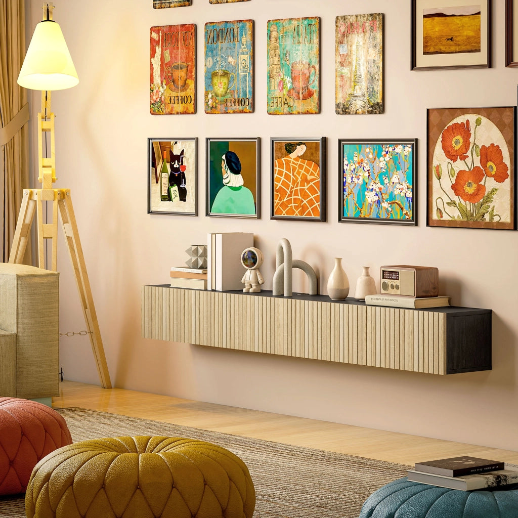 Mobile TV Sospeso per Televisore 72 Pollici ¨C zephmum ¨C Legno Naturale e Nero 140x25x22cm