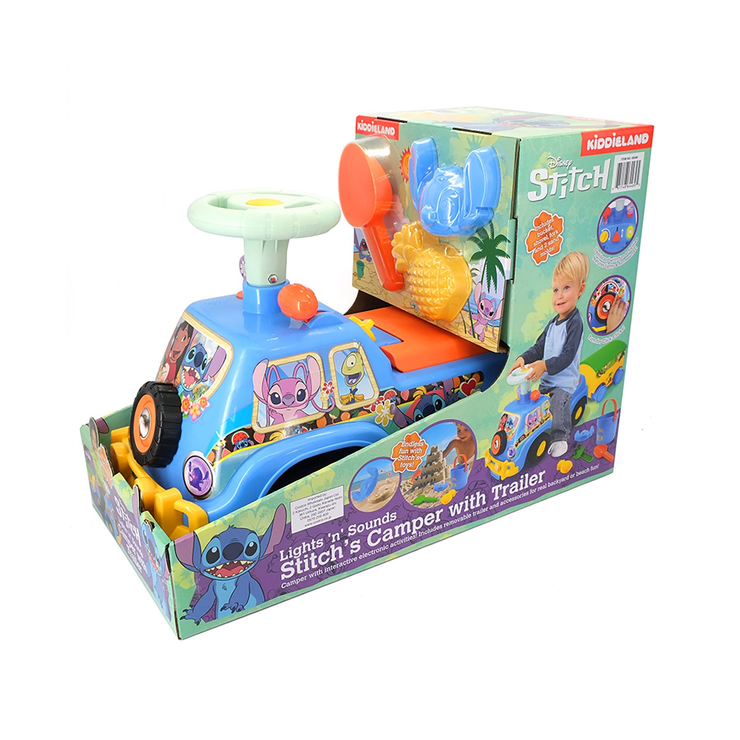 Camioncino con Rimorchio per Bambini Ride-On Disney Stitch e Accessori da Spiaggia Azzurro