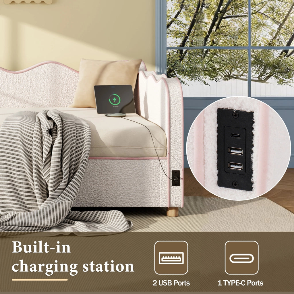 Divano letto 90x200 cm, con vano portaoggetti, presa USB, imbottitura morbida, tessuto boucl??, beige e rosa