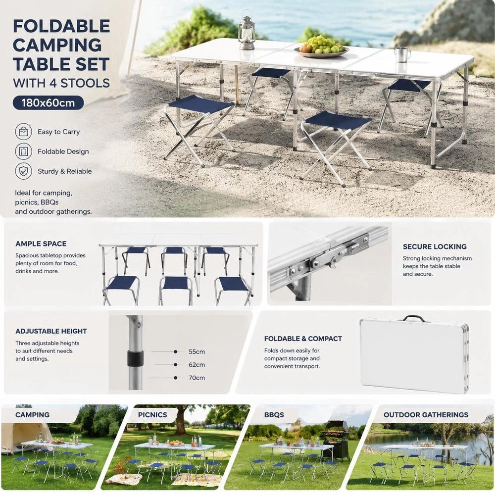 Folding Camping Table With 4 Stools, Height Adjustable, 180x60 Cm