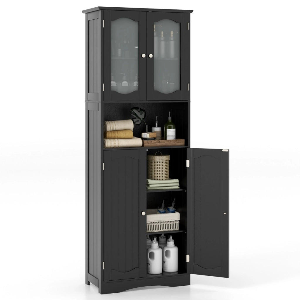 Armadio da bagno alto-Mobiletto da bagno 164cm con porte in vetro satinato e ripiani, Mobile autonomo per cucina soggiorno ufficio Nero