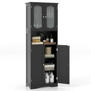 Armadio da bagno alto-Mobiletto da bagno 164cm con porte in vetro satinato e ripiani, Mobile autonomo per cucina soggiorno ufficio Nero