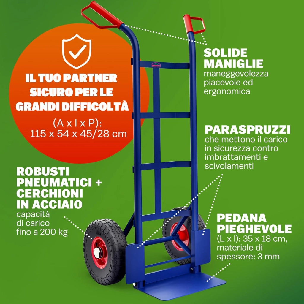 Carrello Portapacchi Pieghevole 200kg Pneumatici Maniglie Ergonomiche Carrellino con Ruote Portatutto Carrelli a Mano Saliscale in Acciaio Trasloco Porta Sacchi Trasporto Carichi Pesanti