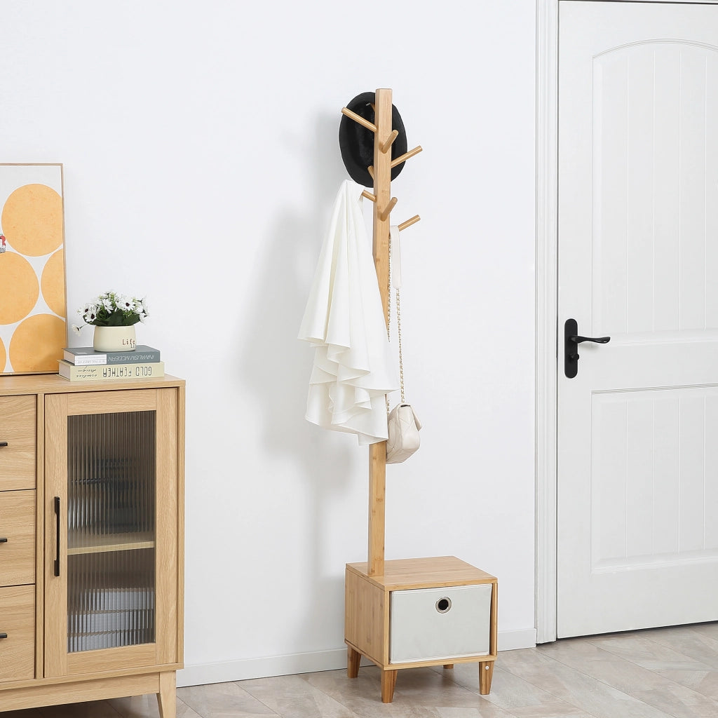 Appendiabiti con Banco e Cassetto ¨C Zephmum ¨C Legno Bamb¨´ Naturale 35x35x177 cm