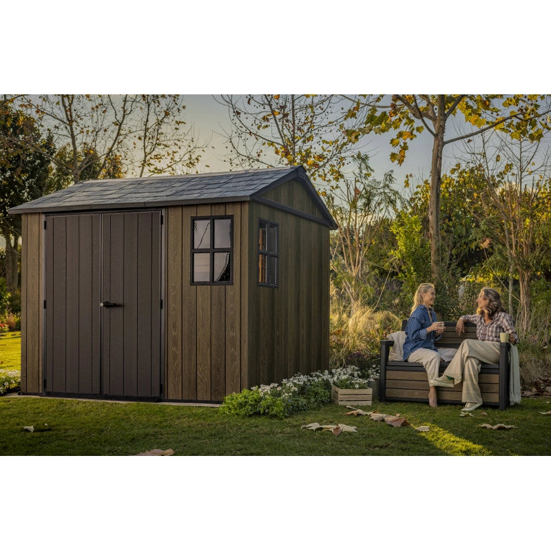 Casetta da giardino in resina effetto legno EVOTECH+ 287x230 cm - pavimento e doppia porta - carico neve 150 kg/m² – Apex 759/975 Signature Walnut - Keter