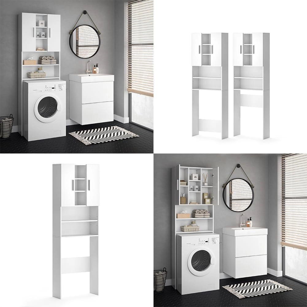 Mobile per lavatrice Luis, Bianco, 64 x 190 cm, per la conservazione di detersivi e accessori da bagno