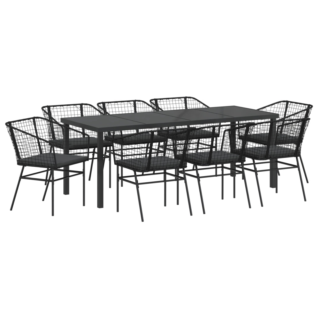 Set da Pranzo da Giardino 9 Pezzi con Cuscini in Polyrattan Nero