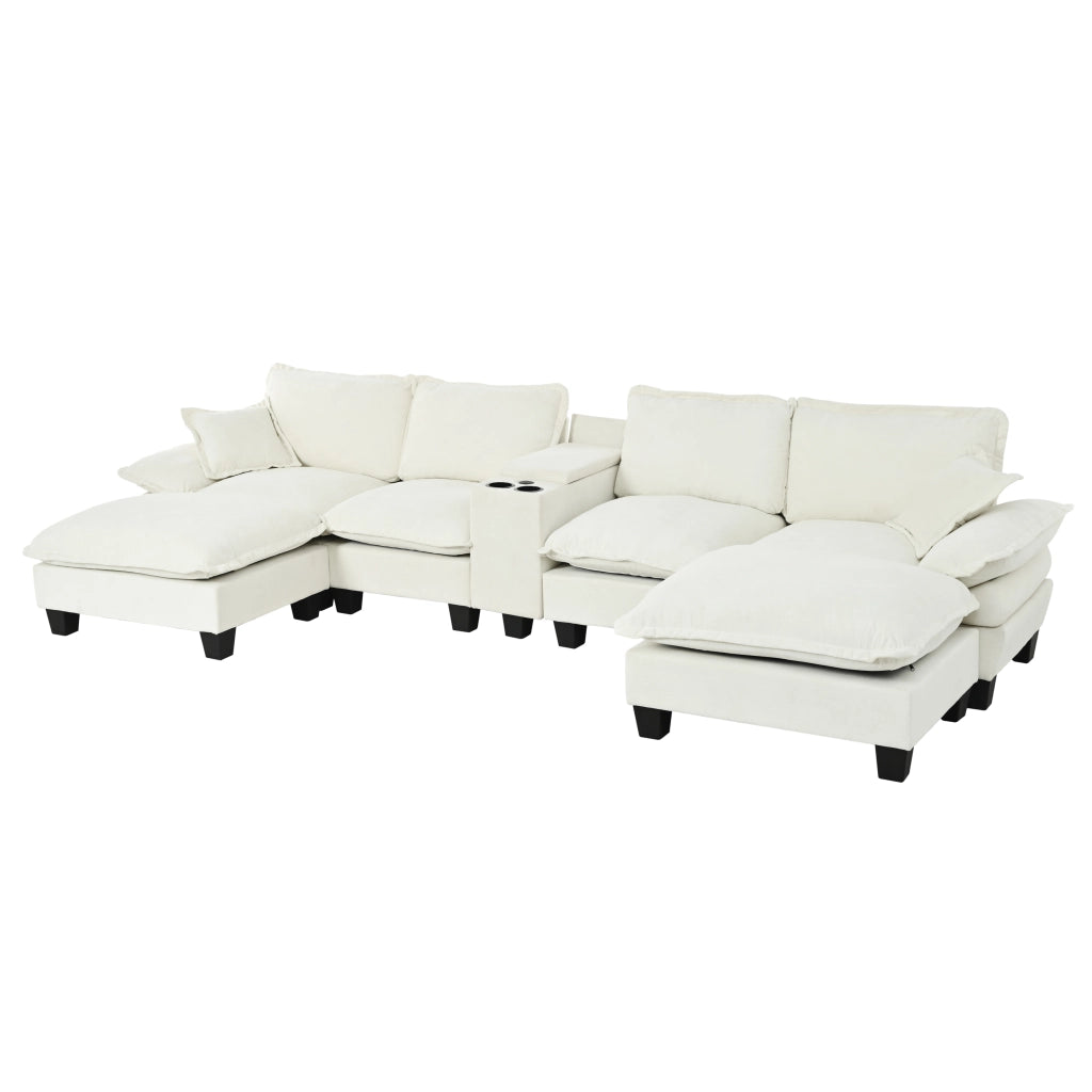 Divano modulare a U con porta USB, portabicchieri, vano contenitore e 2 pouf in ciniglia beige 362 × 151 × 90 cm