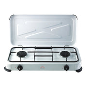Fornello DCG da campeggio a gas 2 fuochi cottura smalto bianco coperchio esterno GPL