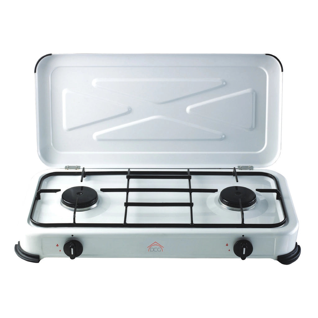 Fornello DCG da campeggio a gas 2 fuochi cottura smalto bianco coperchio esterno GPL