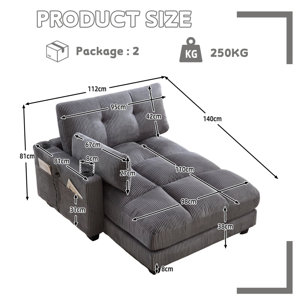 Poltrona Relax con Portabicchieri; Tasca Laterale e Porta USB; in Velluto a Coste; Grigio; 140 × 112 × 81 cm