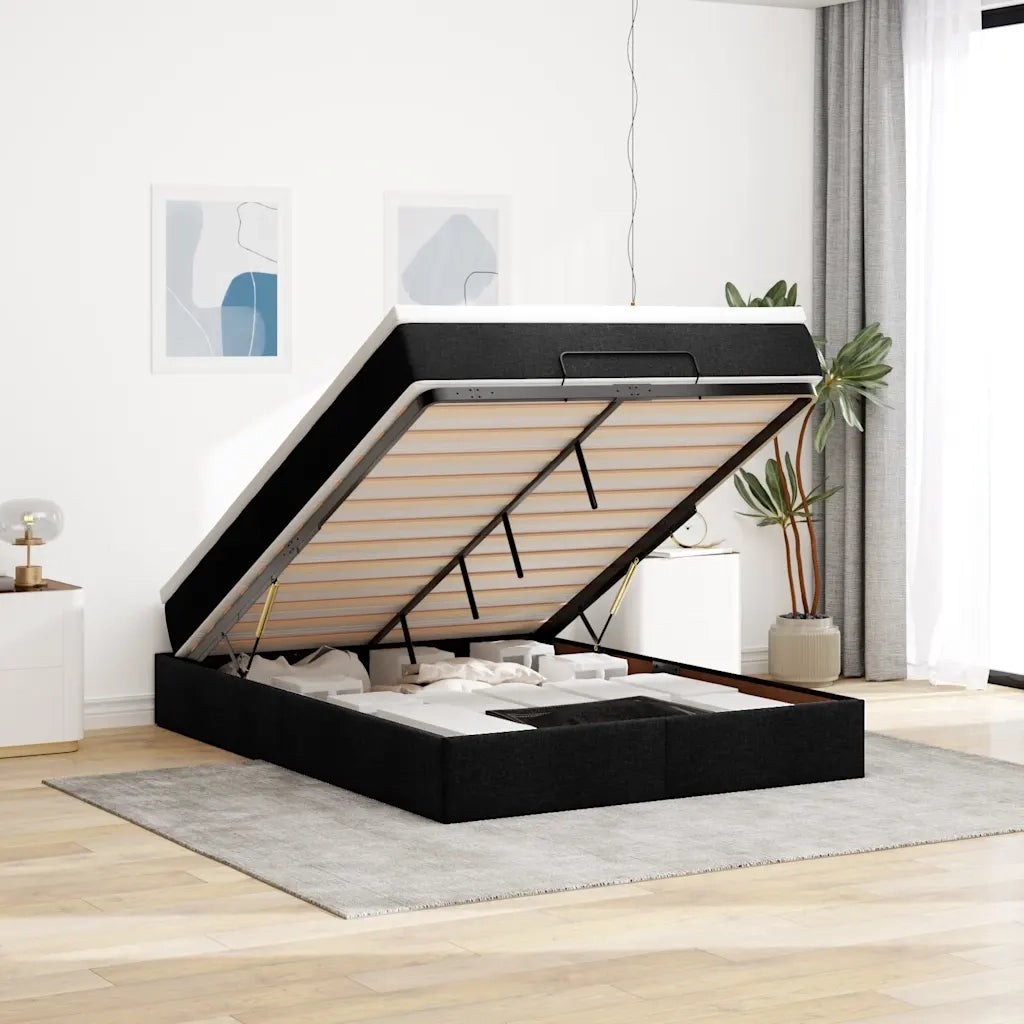 Struttura Letto Pouf con Materasso Nero 140x200 cm in Tessuto 3311115