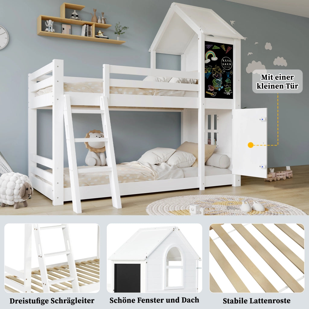 Letto a castello con porta e lavagna in legno massiccio e MDF 90x200 cm