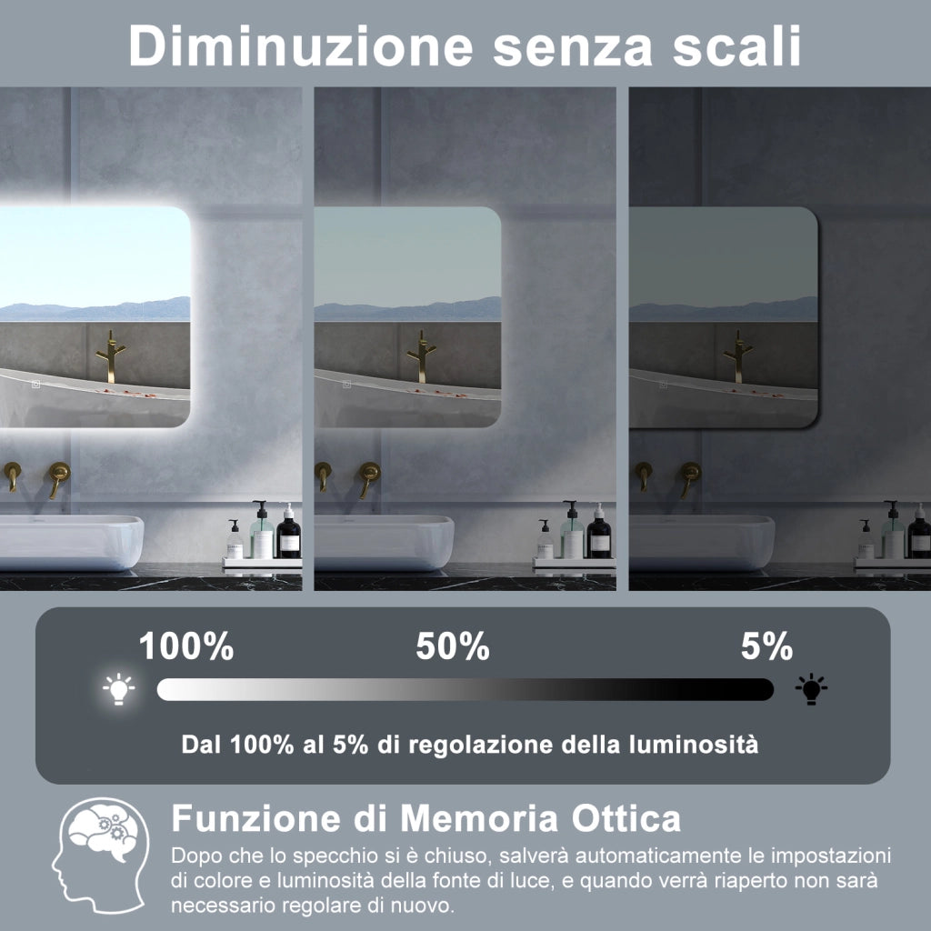 Specchio da bagno Rettangolare con 80x60cm,Memoria,Regorabile,Retroilluminato,doppio interruttore,HD temperato