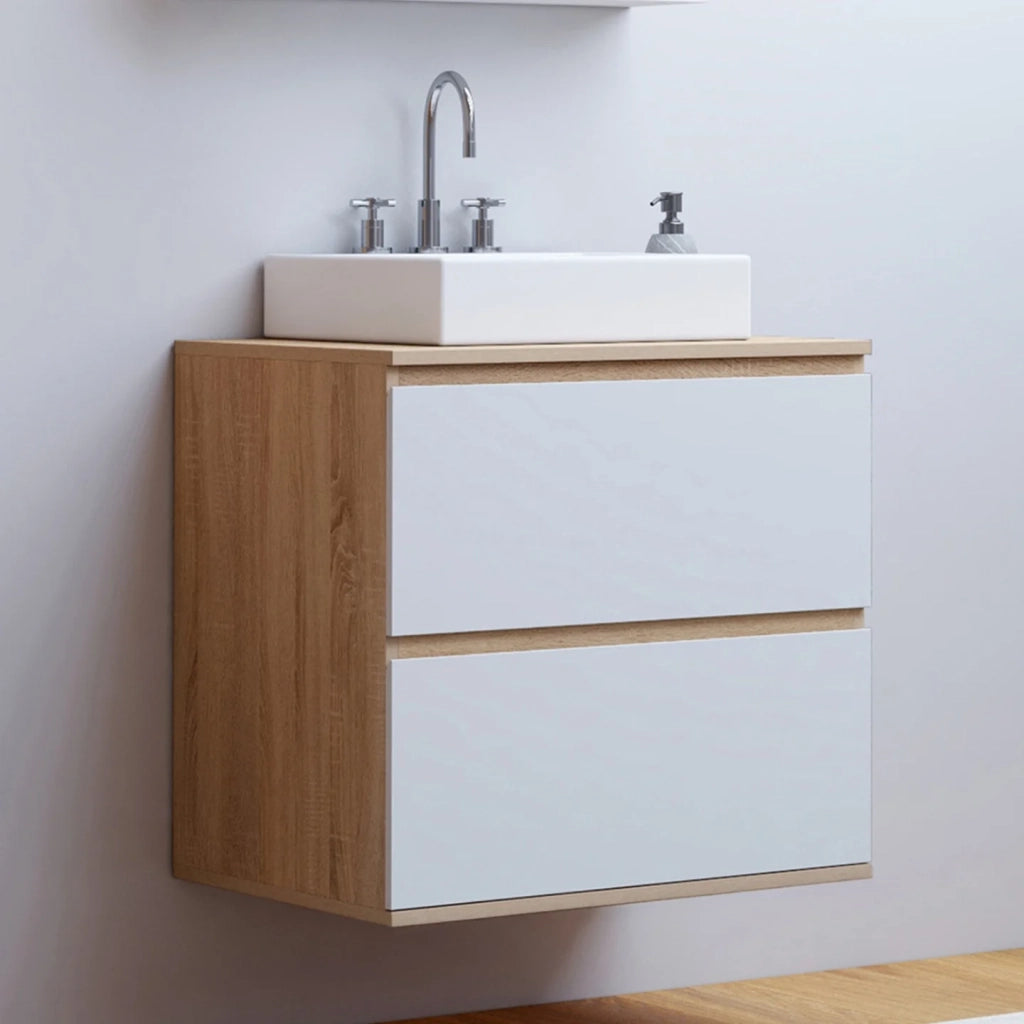 IDMarket - Mobiletto da bagno a 2 cassetti a sospensione TOMI in faggio e bianco