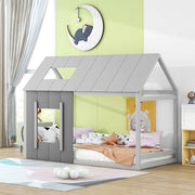 Letto a forma di casa grigio scuro e chiaro in pino 90x200 cm con tetto e finestra