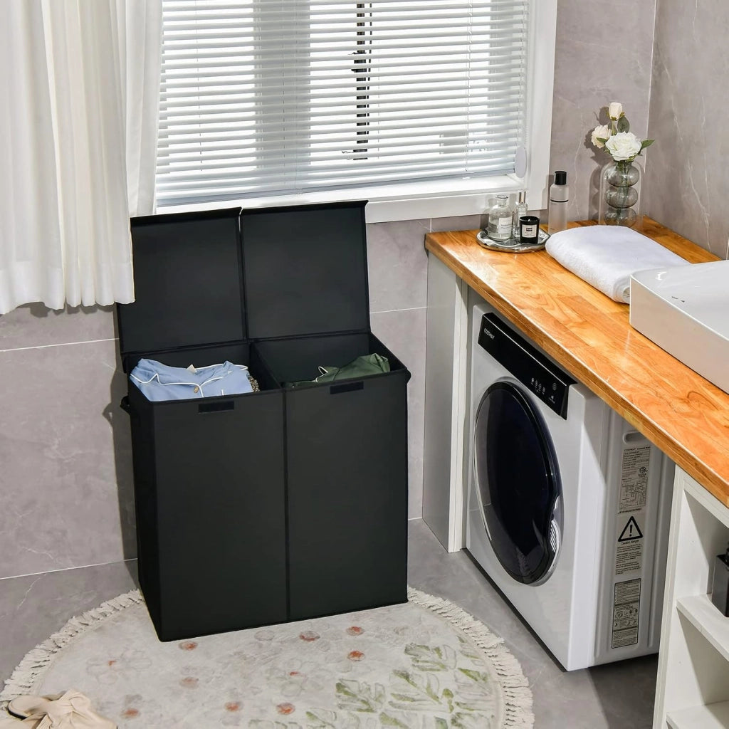 Cesto Portabiancheria Sporco da 115 L con Coperchio, Cesta Portabiancheria da 2 Scomparti Divisi con Maniglie, Cesta Biancheria in Tessuto per Camera Bagno, 62x31x60 cm, 2 Colori (Nero)