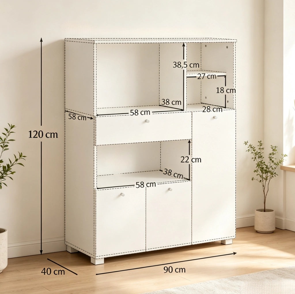 Mobile da cucina per microonde 90x40x120 cm bianco con 2 armadi; cassetto e 4 vani
