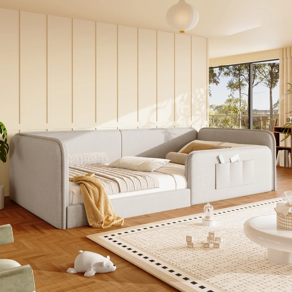 LETTO 90x200 cm in Lino Beige con tasche laterali