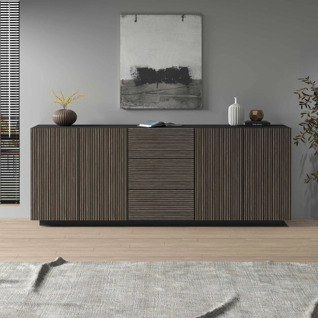 WHOUS Credenza Coste a 4 ante e 3 cassetti antracite opaco e legno scuro 220,1x43x86 cm