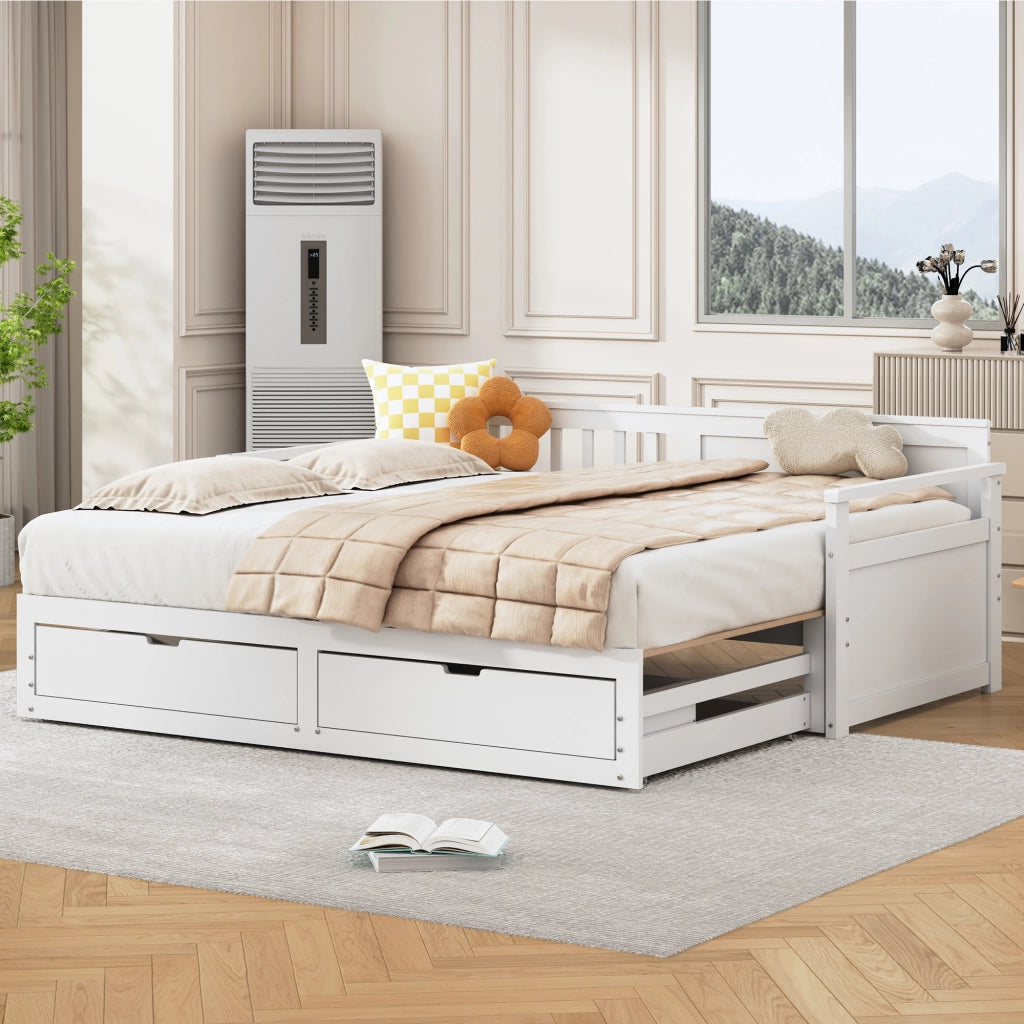 Letto estraibile con cassetti 90×190 cm e 180×190 cm; rete; senza materasso; legno; bianco