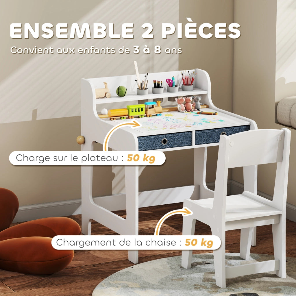 Scrivania per bambini con sedia e 2 cassetti ¨C zephmum ¨C 62.8x55.6x73.8 cm, bianco