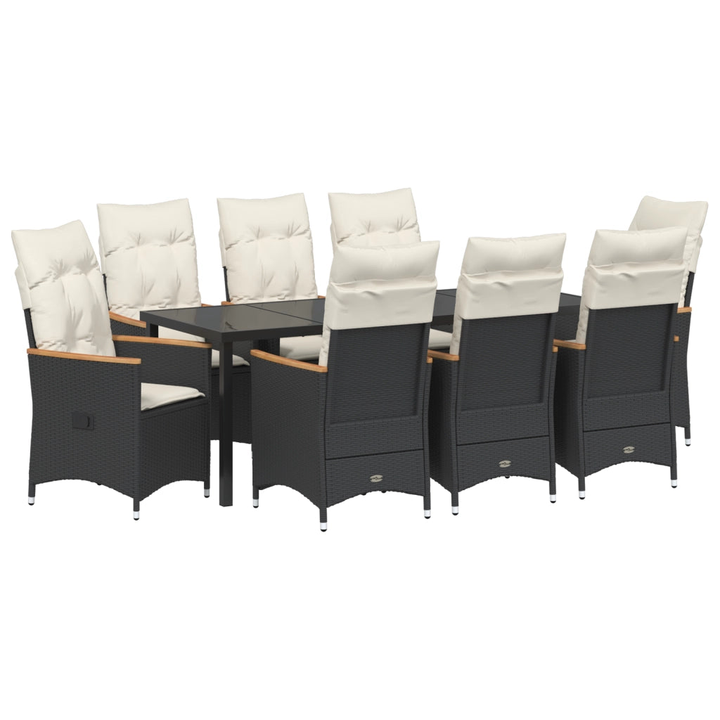 Set da Pranzo da Giardino in 9 Pezzi con Cuscini Nero Polyrattan