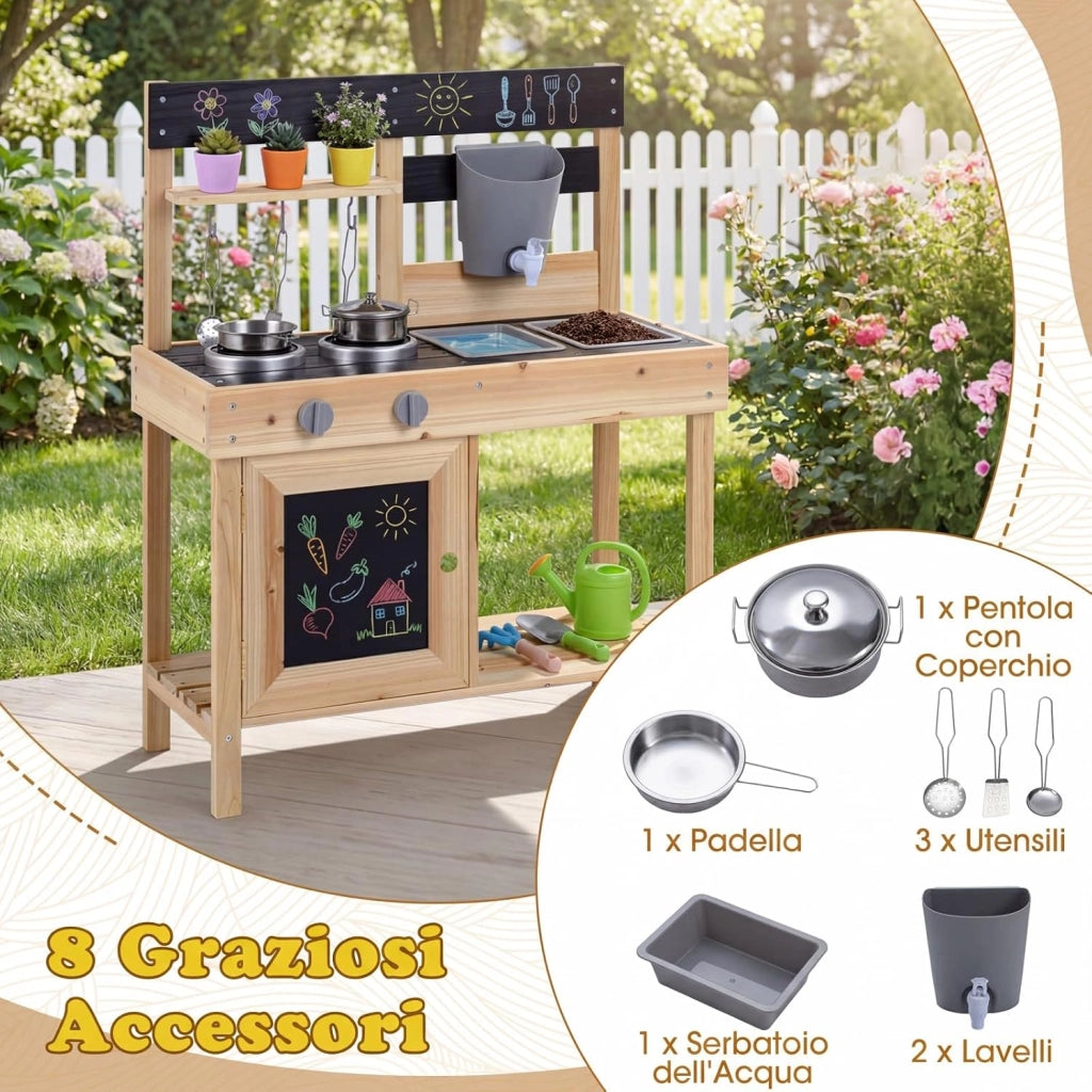 Cucina Giocattolo da Esterno per Bambini in Legno, Cucinetta per Giocare Sabbia, Gioco Montessori con Lavagne, Lavandini, Serbatoio d'Acqua e Utensili e Ampio Spazio di Stoccaggio