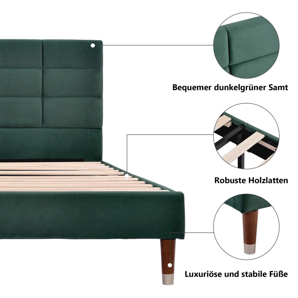 Letto Matrimoniale 140×200 cm; Letto Imbottito in Velluto con Testiera Trapuntata e Spazio Sottoletto; senza Materasso; Verde