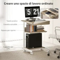 Scrivania PC con Cassetto Scorrevole, 2 Ripiani e 4 Rotelle, in Legno e Metallo, 56x51x79 cm, Bianco e Rovere