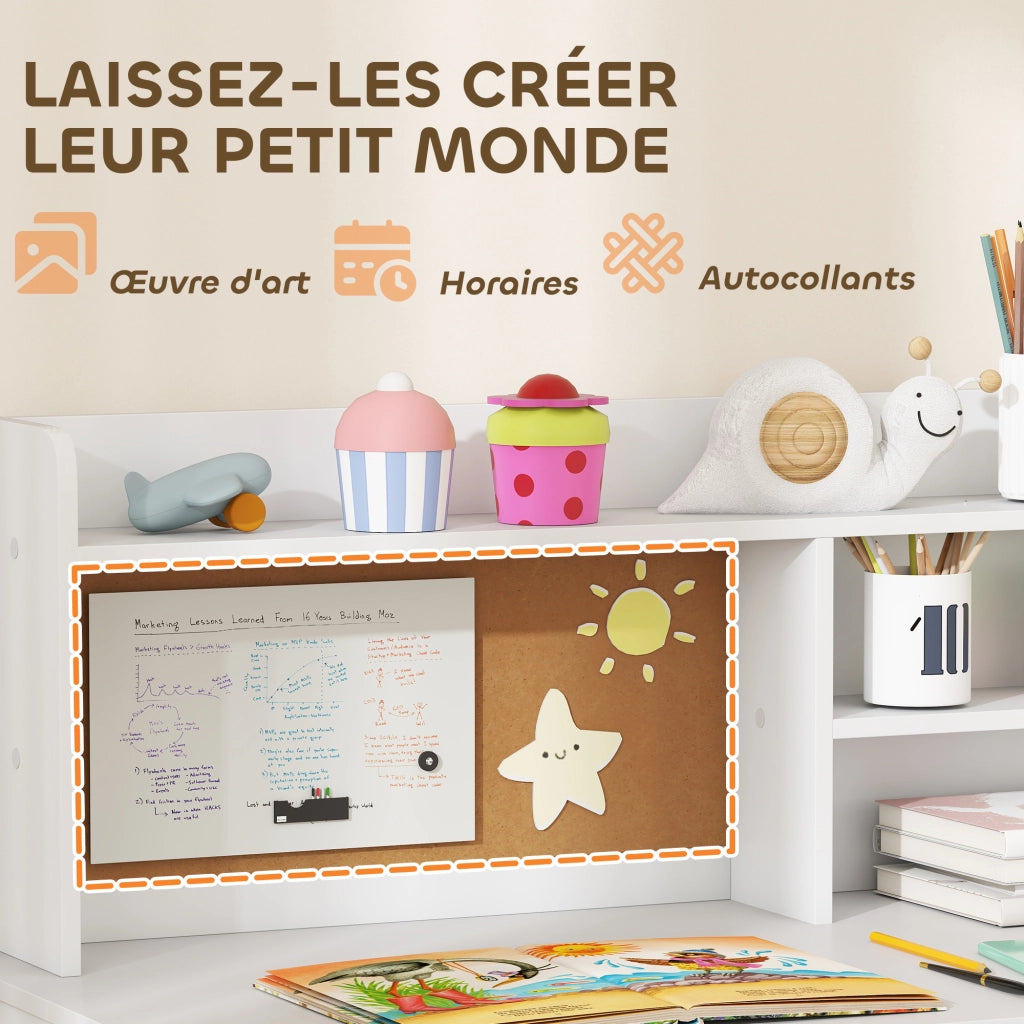 Scrivania bambini con sedia, cassetto, scaffale e lavagna in sughero ¨C zephmum ¨C bianco