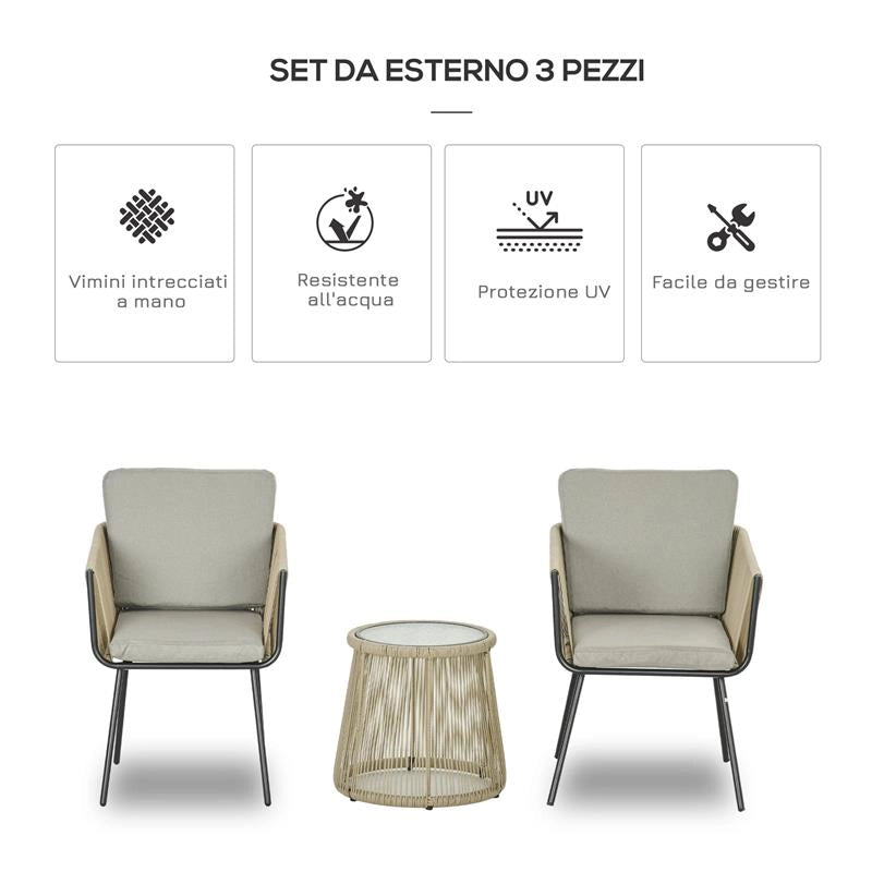 SET DA ESTERNO CON TAVOLINO IN VETRO E 2 SEDIE DA GIARDINO IN RATTAN STILE BOHO CAFFÉ
