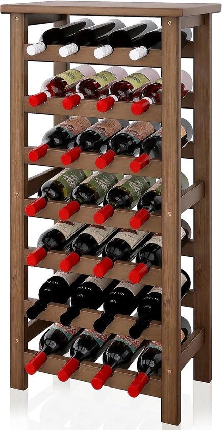 Scaffale per 28 bottiglie | Display per vino in legno di bambù con piano di lavoro e 7 livelli di ripiano di archiviazione | Libero per cucina, ripostiglio, sottoscala, bar - legno di noce