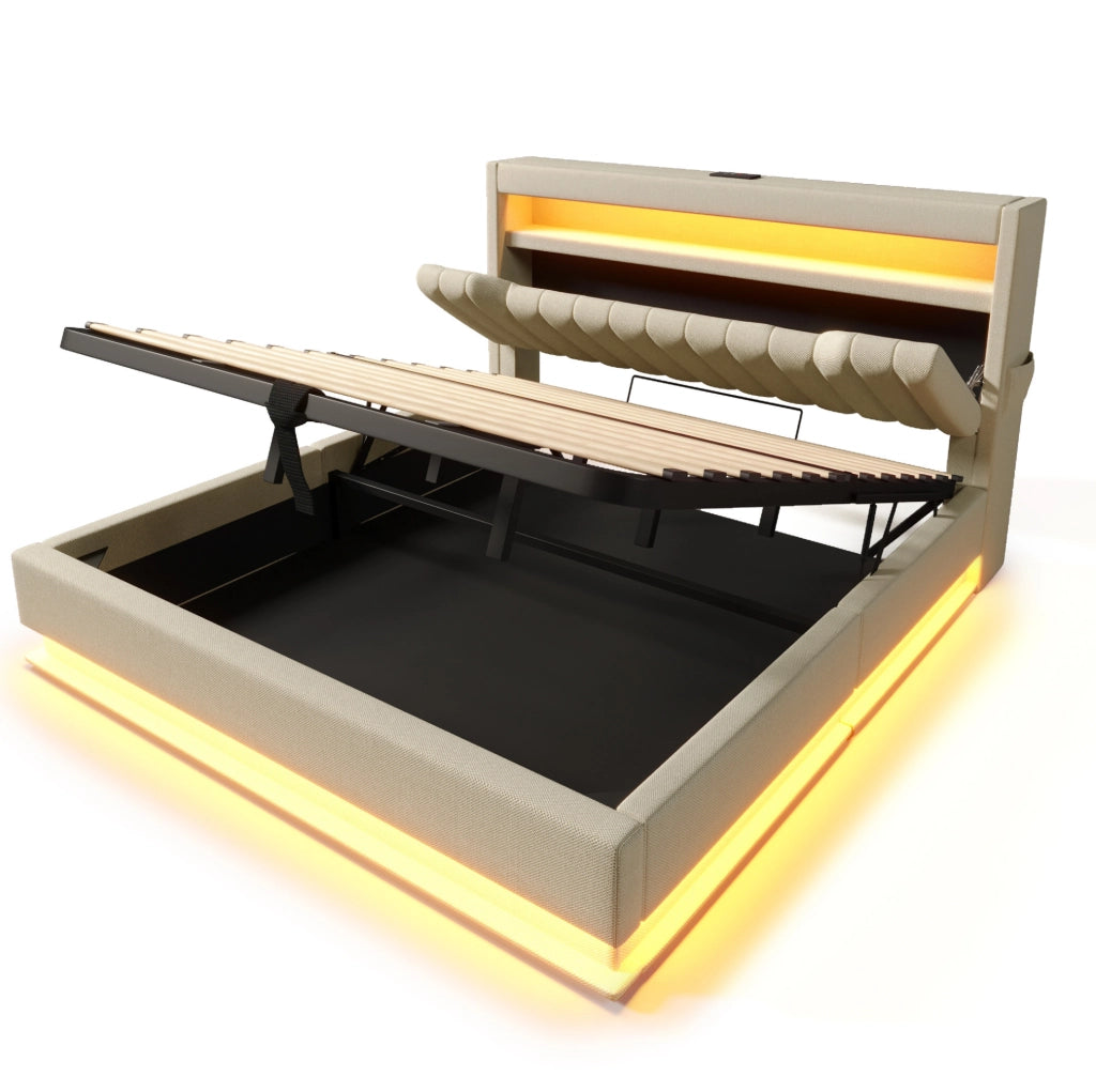 Letto 140x200 cm con contenitore; USB; Type-C e LED in lino beige