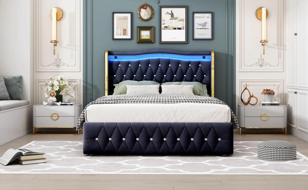 Letto imbottito con LED, contenitore idraulico e gambe larghe, 140x200 cm, velluto nero
