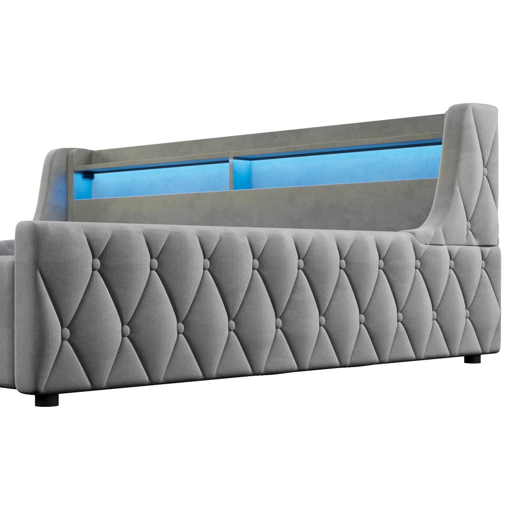 Letto imbottito 140x200 cm con contenitore idraulico e testiera LED; in flanella grigia