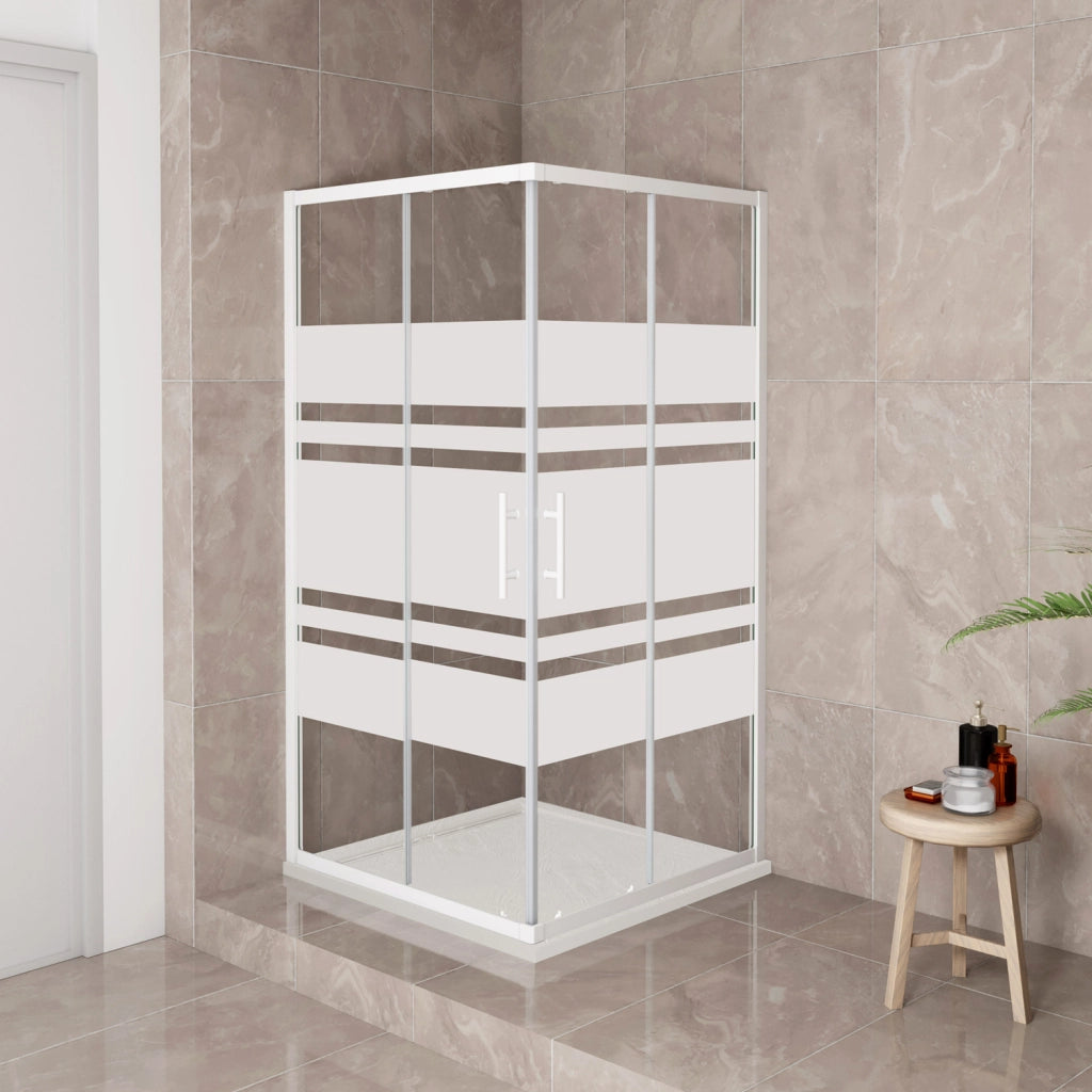 185 cm Box Doccia Angolare 80x80 cm Porte Scorrevoli Vetro Temperato 5 mm Anticalcare Fascie in Serigrafato Telaio Bianco Opaco