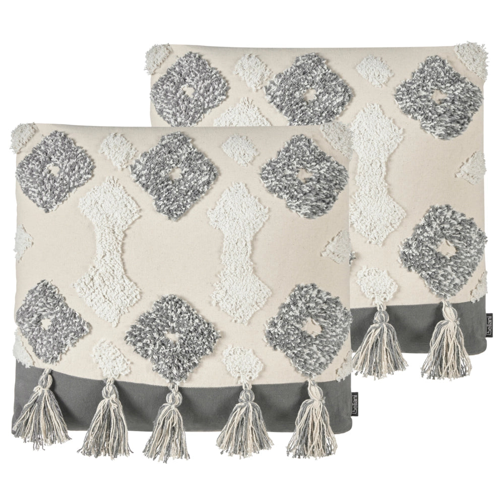 Set di 2 cuscini decorativi bianco e grigio cotone 45x45 cm con nappe motivo rombi