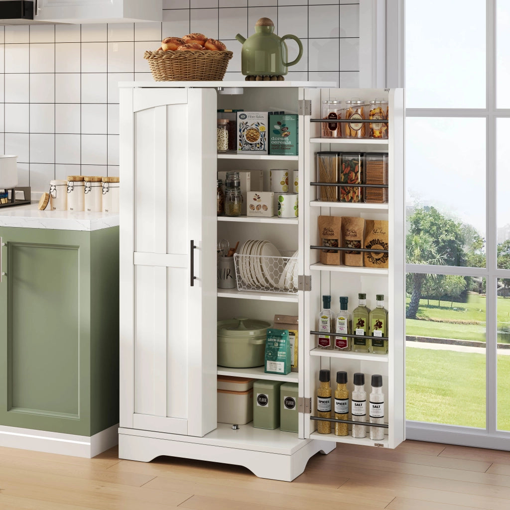 Credenza alta moderna 120x60x40 cm in MDF con luce LED sensore, ripiani regolabili e chiusura a clip, bianco