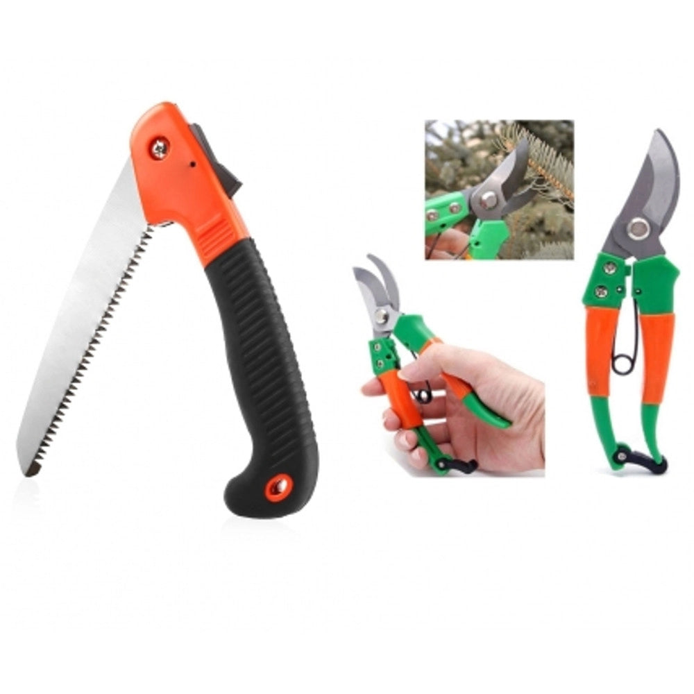Trade Shop - Kit Sega A Mano Pieghevole + Cesoie Forbici Giardinaggio Per Potatura Manganese -