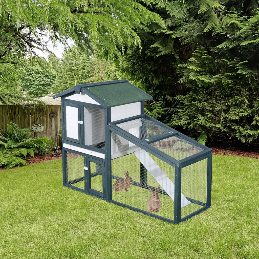 EasyComfort Gabbia per Conigli e Animali da Compagnia in Legno 2 piani di Abete Doppia Porta 140x65x100cm Verde e Bianco
