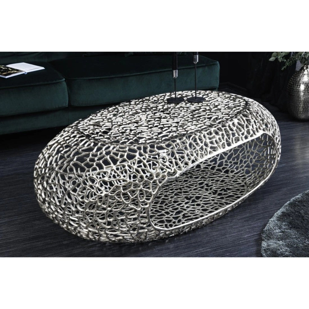 Tavolino basso METRIX ovale 119 cm argento con nicchia integrata - Tavolino design in alluminio