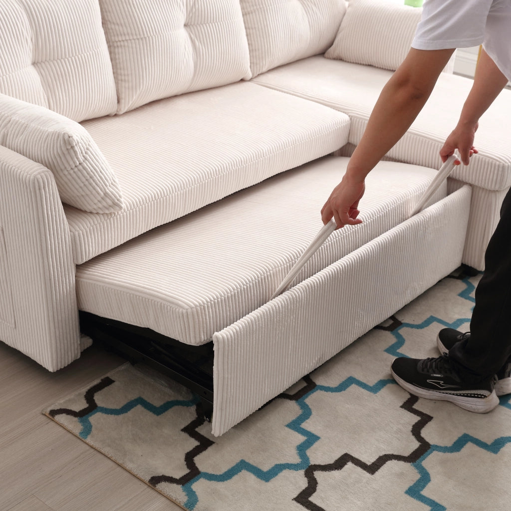 Divano letto modulare in corduroy con contenitore, seduta intercambiabile e cuscini inclusi