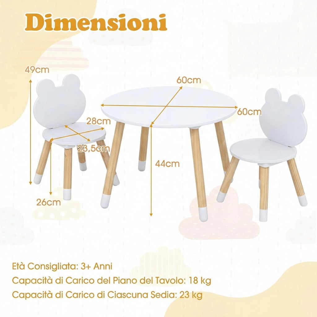 Set Tavolo e Sedie per Bambini, Tavolino e 2 Sedie a Forma di Rana con Gambe in Legno e Angoli Arrotondati, Set Mobili Salvaspazio per Bambini 3+ Anni per Cameretta Ragazzi (Bianco)